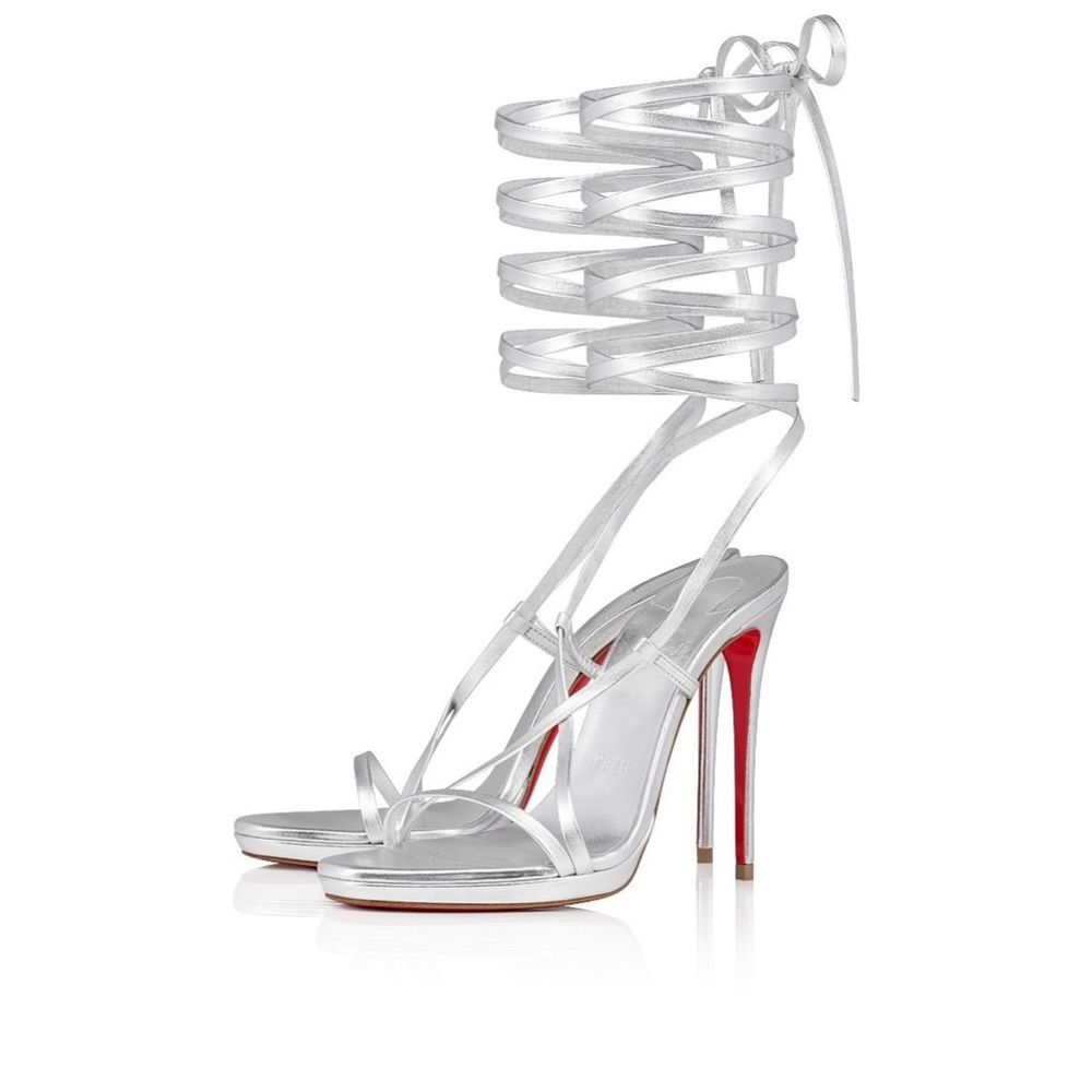 Christian Louboutin Silver Strappy Lace-Up Stiletto Sandals with Red Soles